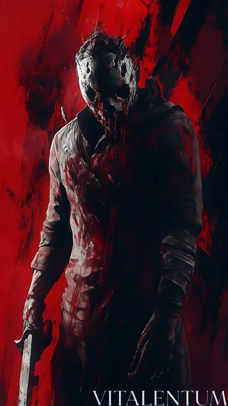 Masked figure holds bladed weapon against red abstract field