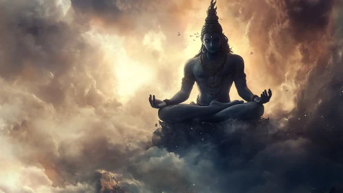 Blue-skinned meditating deity seated in glowing clouds.