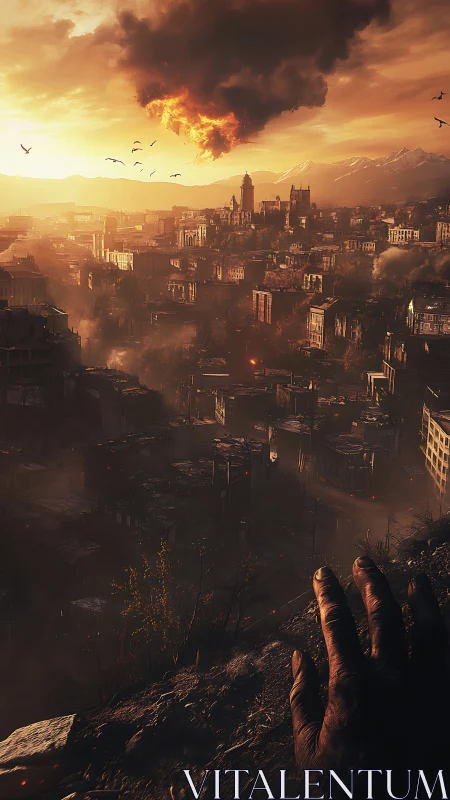 Burning sky over a crumbling city at the edge of hope.