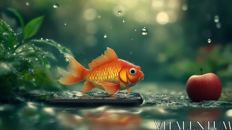 Goldfish stands on smartphone in wet outdoor setting