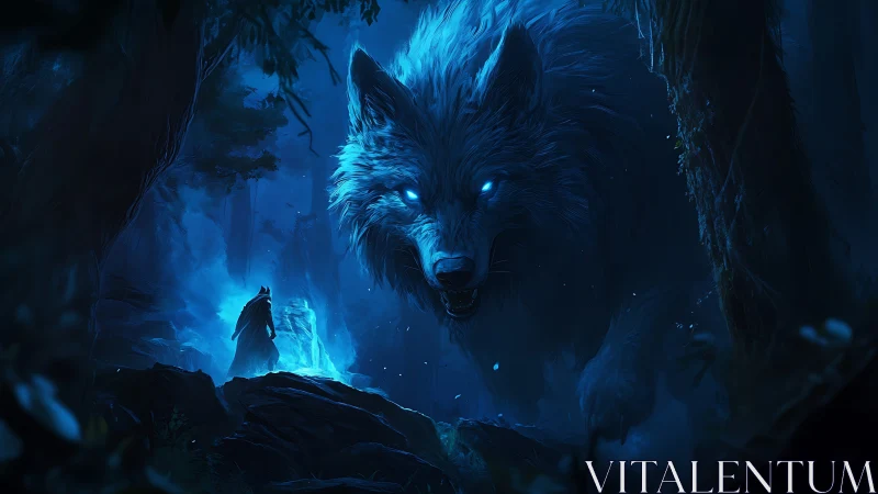 Moonlit colossus wolf stalks lone wanderer through blue mist