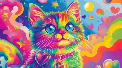 Radiant rainbow kitten gazes up in a dreamy candy sky