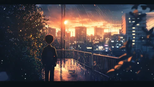 Solitary figure on wet overlook facing illuminated cityscape.