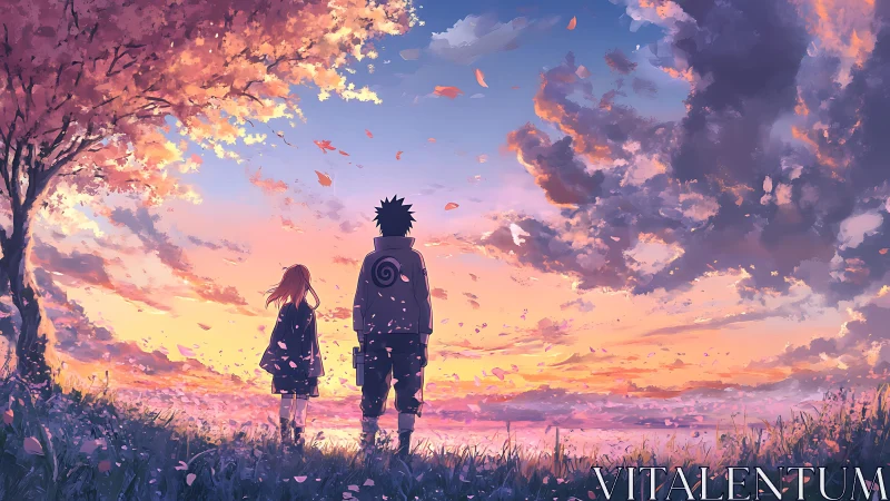 Backlit anime duo observe high-saturation sunset sky gradients