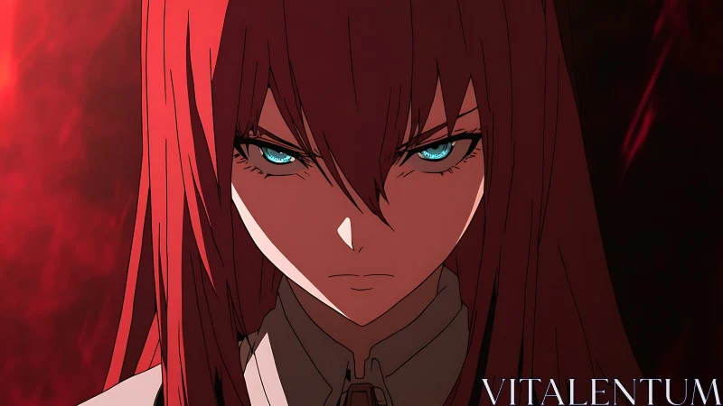 Fierce red haired anime woman with piercing blue eyes.