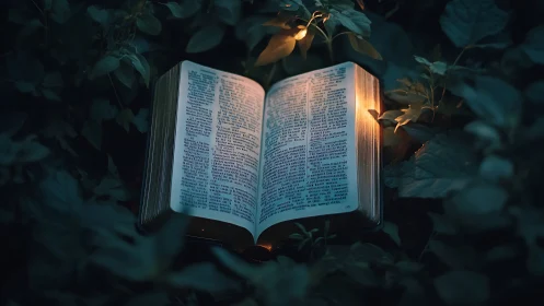 Glowing open book rests in moonlit foliage as knowledge beckons