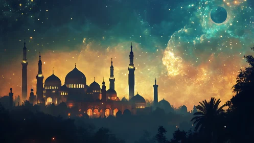 Midnight palace skyline glows softly beneath a starlit sky