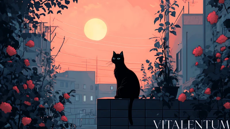 Black cat silhouette on urban rooftop at sunset.