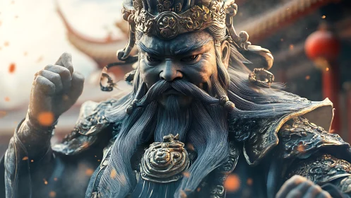 Regal warrior guardian stands strong in ornate bronze armor