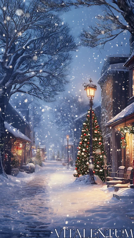 Snow-covered village street with decorated trees at night.