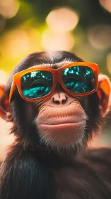 Close-up chimpanzee portrait with orange sunglasses, bokeh light