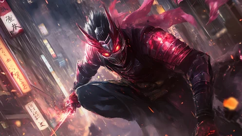 Cyber demon ninja lunges through neon-lit city streets.