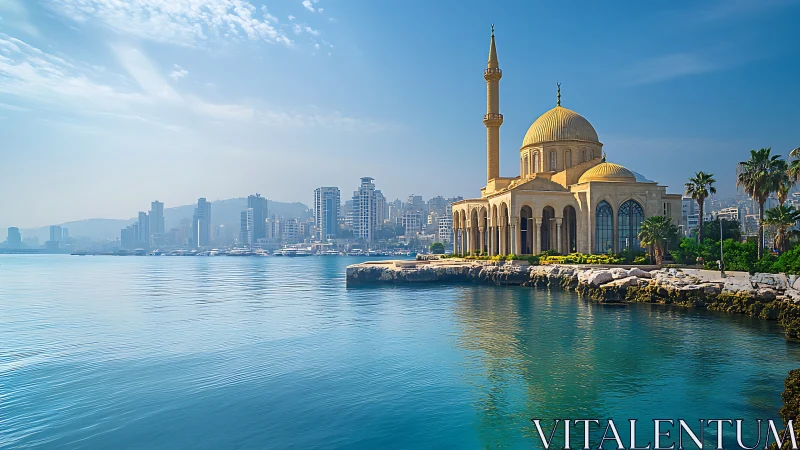 Coastal mosque with domed roof and minaret facing dense urban skyline
