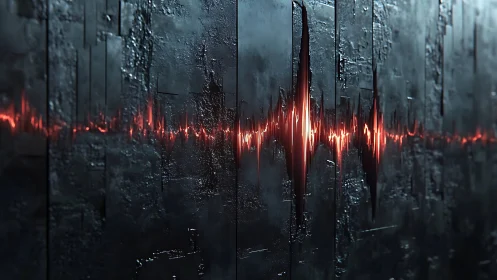 Cyberpunk waveform corridor on fragmented metallic soundwall.