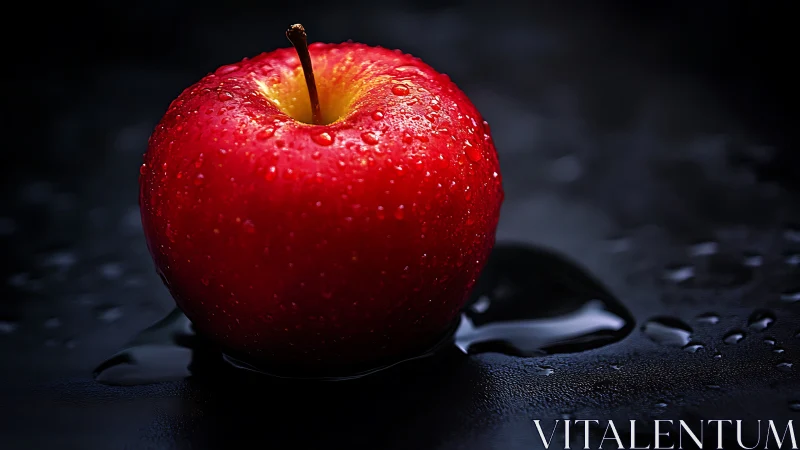 High-contrast macro study of a dewy red apple on dark surface
