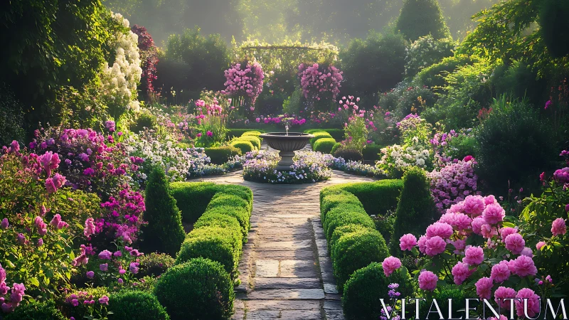 Formal rose parterre garden with central fountain and stone path.