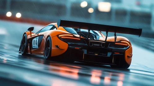 Thrilling orange race car powers through a rainy night track