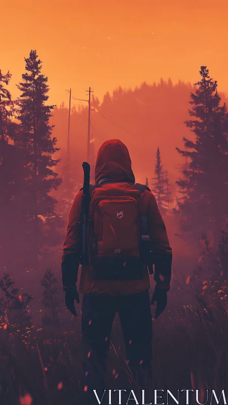 Hooded hiker studies burning orange forest skyline in dusk