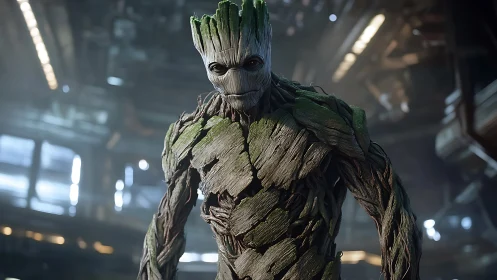 Majestic humanoid tree stands boldly in futuristic hangar.