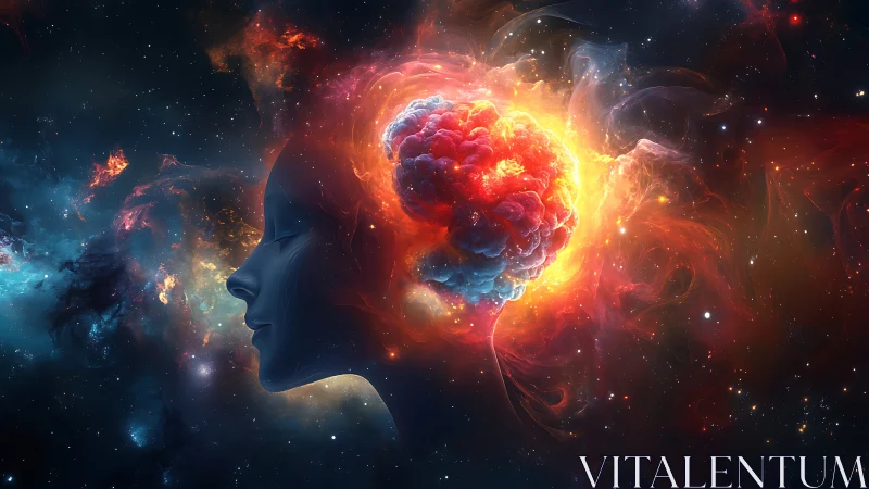 Cosmic human profile with nebular brain in luminous explosion.