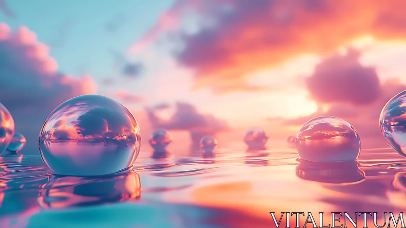 Glass orbs drifting on neon sunset water horizon.