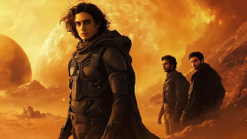 Desert stars in tactical armor stride beneath molten skies