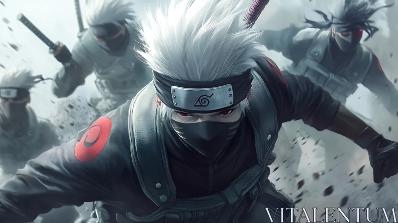 Masked silver-haired ninja squad charging through smoke.