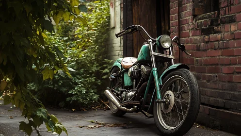 Weathered motorcycle stands in narrow brick-lined alley