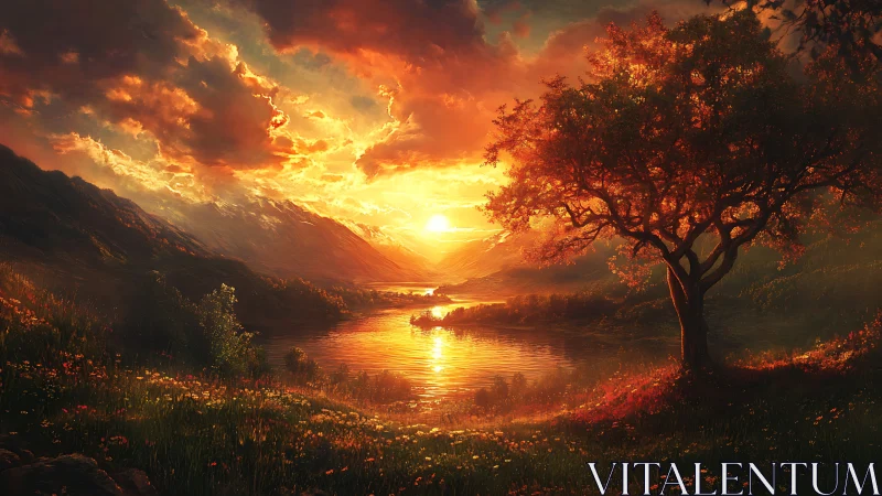 Sunset river valley with glowing sky and lone tree.