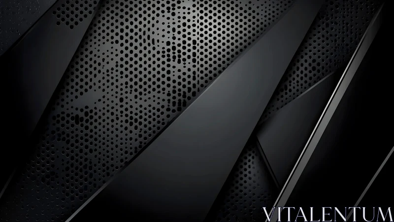 Dark geometric metal background with perforated panels.