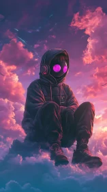Hooded neon-eyed figure levitates over iridescent sunset clouds