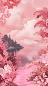 Dreamy pink lakeside garden glowing with soft floral magic.