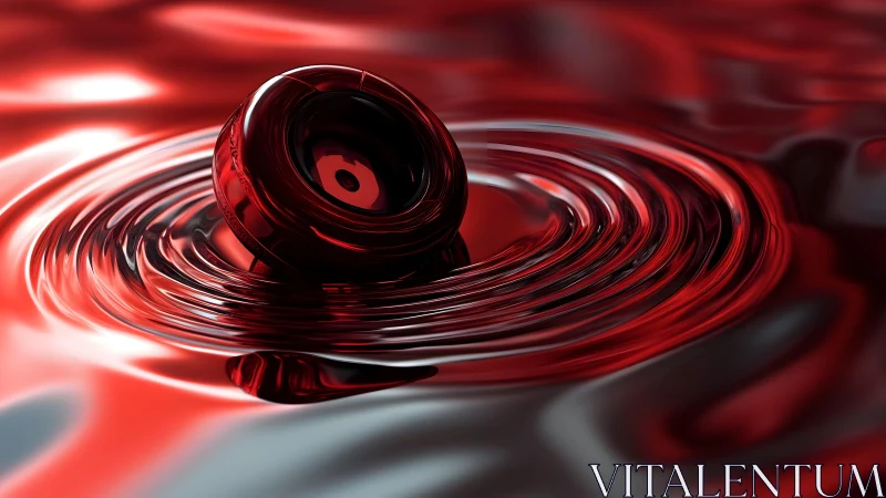 Glossy black ring floating on red liquid with abstract ripples.