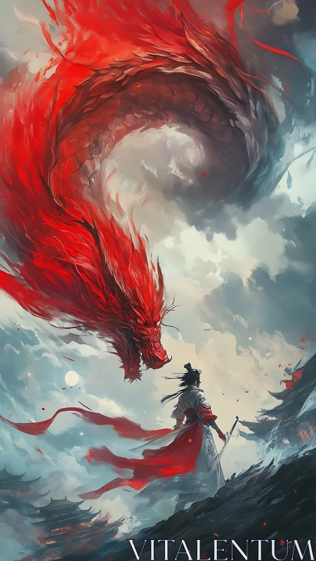 Red dragon arcs above lone warrior in storm-filled sky