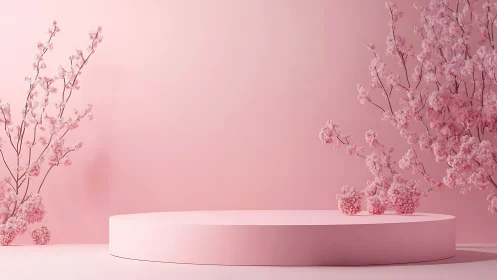 Monochrome pink podium with sparse flowering branches.