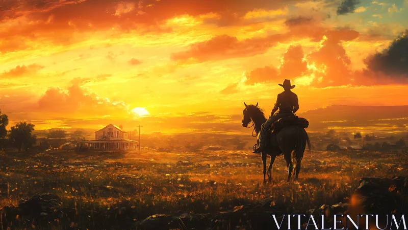 Lone cowboy observes rural homestead under blazing cinematic sunset