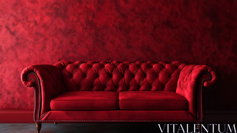 Red tufted velvet sofa sits against textured red wall