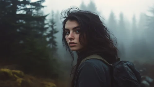 Moody backpacker portrait in misty conifer forest at dawn.