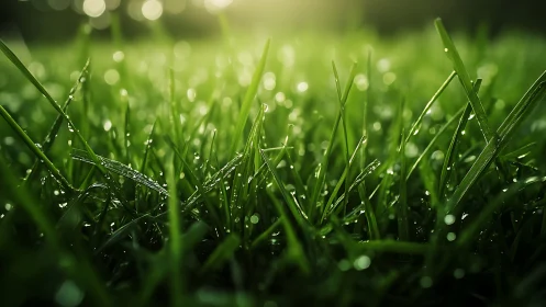 Macro optical study of dew-laden grass blades at sunrise.