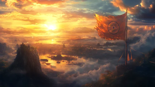 Indian flag dominates misty fantasy cityscape at sunrise
