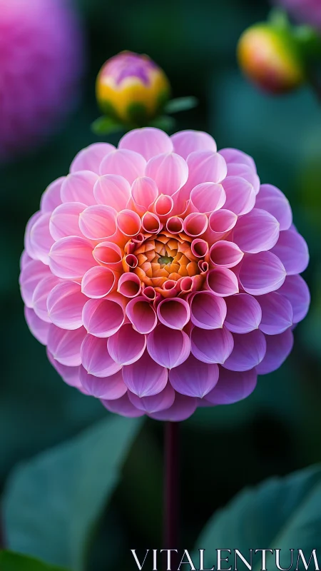 Pink Dahlia in Full Bloom Against Blurred Green.