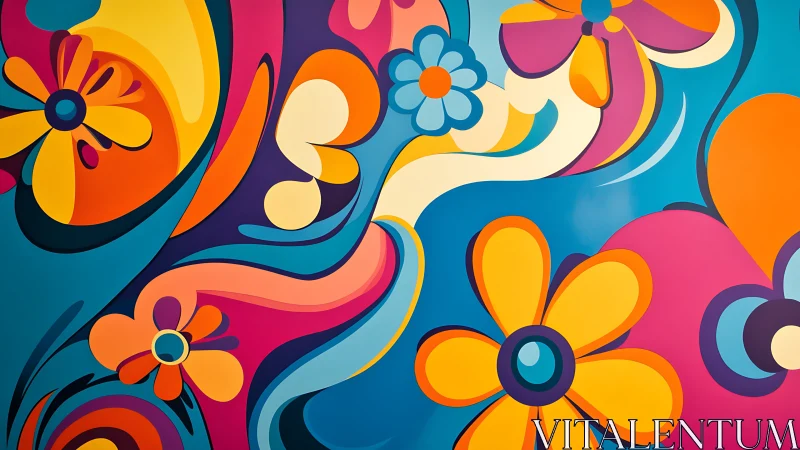 Bold pop-art floral mural with flowing abstract color ribbons