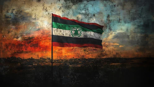 Flag with green, white, black, red stripes over textured city