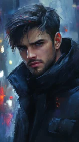 Brooding cyber-noir portrait in cold urban night lighting