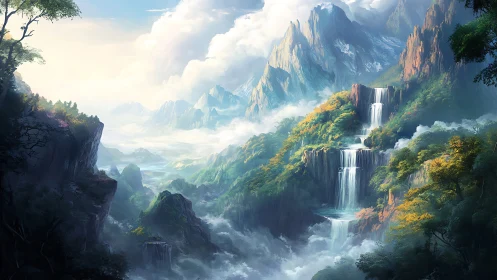 Layered mountain waterfalls cascade through misty forest valley