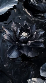 Midnight lotus blooming over ink-dark, moonlit water.