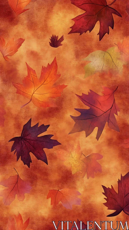 Golden autumn leaves drift gently across a warm sunset sky