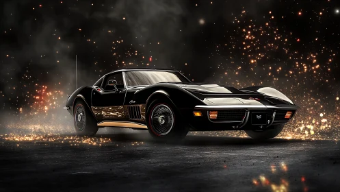Classic black muscle car amid glowing spark-filled night.