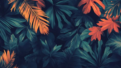 Lush teal jungle foliage with glowing orange leaves at dusk.