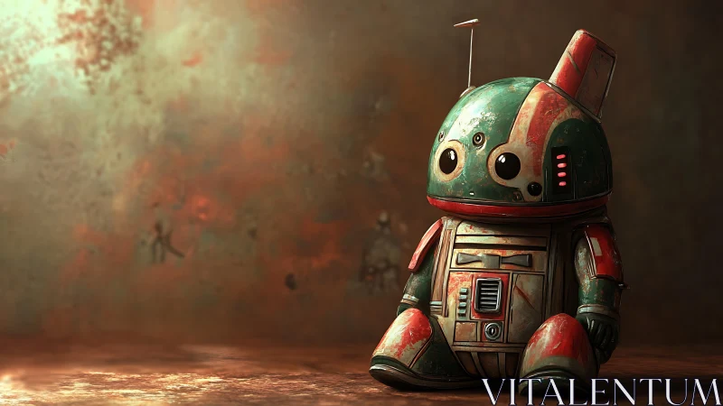 Rust-kissed chibi robot patiently studies the empty horizon